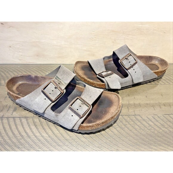 Birkenstock Arizona Two Strap Vegan Sandals Grey Taupe Mens 9 Womens 11 EU 42 - Picture 1 of 9